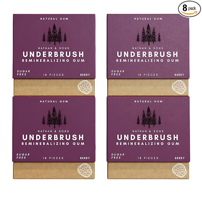 UnderBrush Berry Chewing Gum – Sugar-Free Xylitol Gum with Hydroxyapatite – No Gluten, Sugar, Aspartame and Sucralose - Tree Sap Chewing Base – 8 Pack