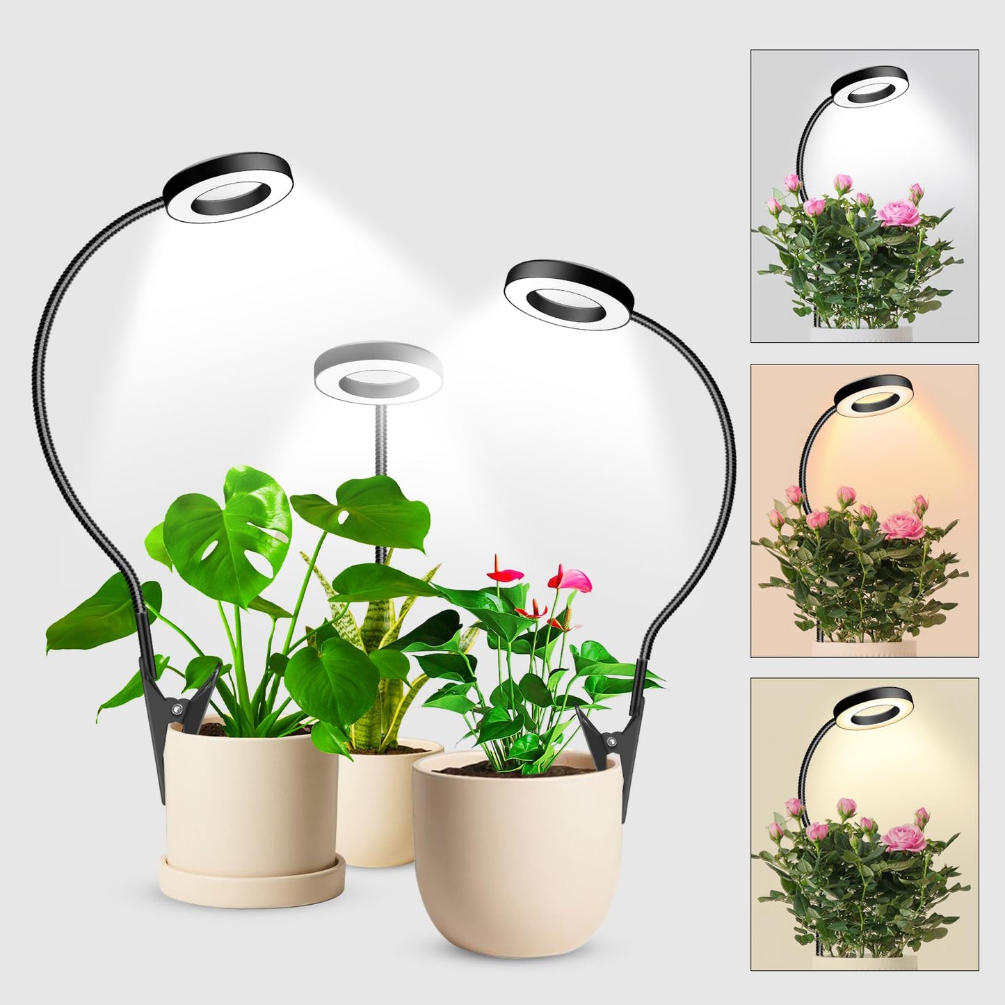 Wolezek 2 in 1 Grow Lights for Indoor Plants, 3 Colors Plant Lights with 360 Gooseneck, 48 LEDs Full Spectrum, 6/12/16H Timer, 5 Brightness, Black 3 Pack