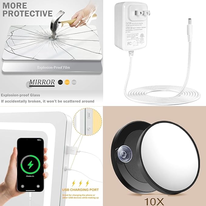 Makeup Vanity Mirror with USB Charging Port 28" x 22" Large LED Makeup Mirror, Desk Mirorr with Lights, Light up Mirror with 10X Magnification, Dimmable 3 Modes, Touch Screen Control Black