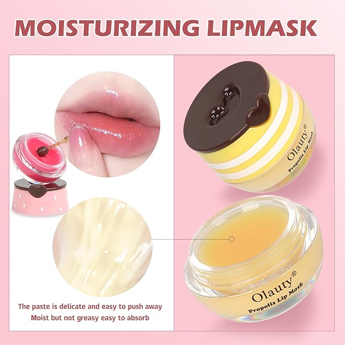 4 PCS Bee Lip Balm Lip Mask Honey Pot, Honey & Strawberry & Watermelon & Apple Lime Lip Sleeping Mask Propolis Moisturizing Lip Balm with Stick, Hydrating Prevention Dry & Cracked
