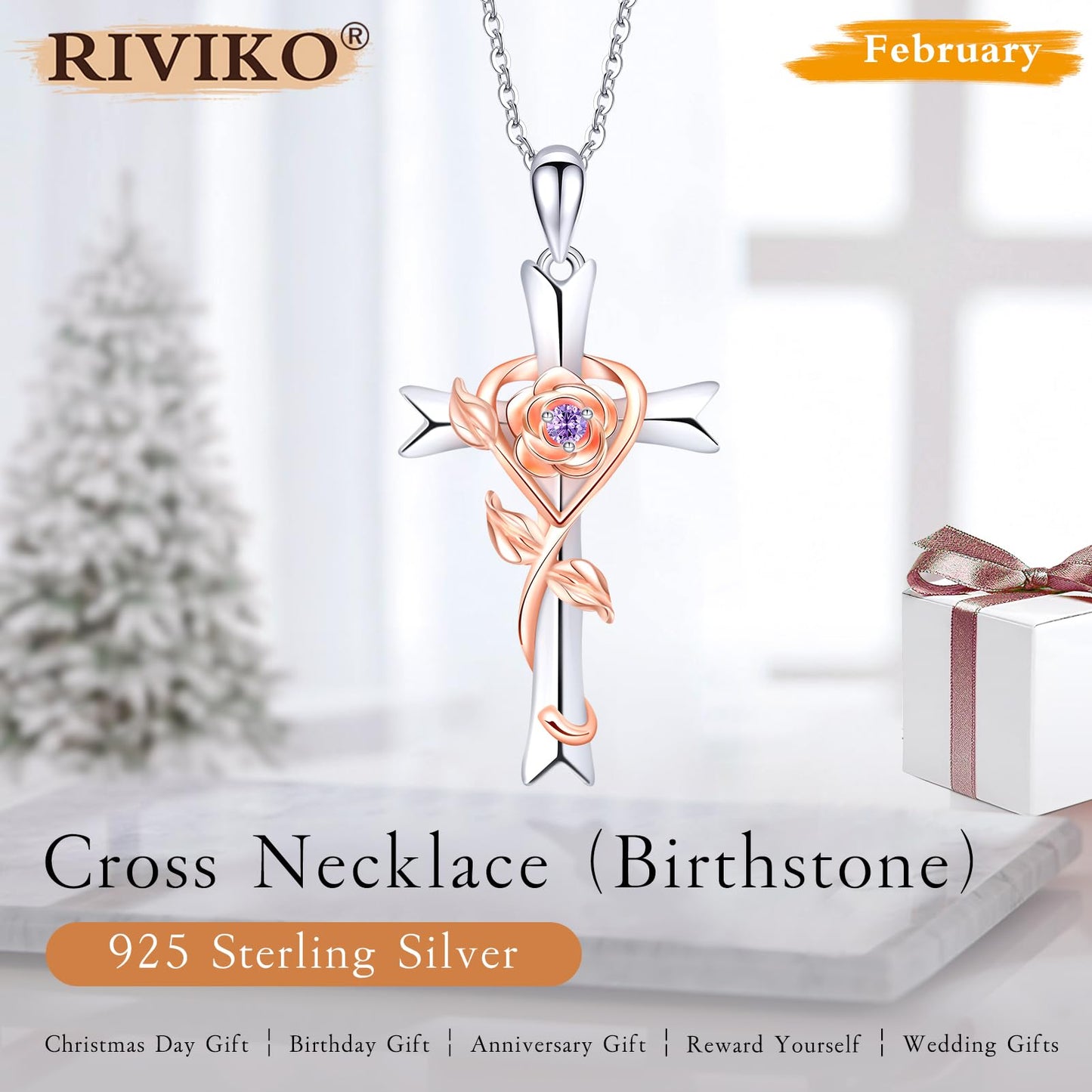 RIVIKO 925 Sterling Silver Cross Feb Birthstone Necklace for Women Cross Rose Pendant Necklaces Trendy Anniversary Jewelry Birthday Gift for Women Her Wife Girlfriends Daughter