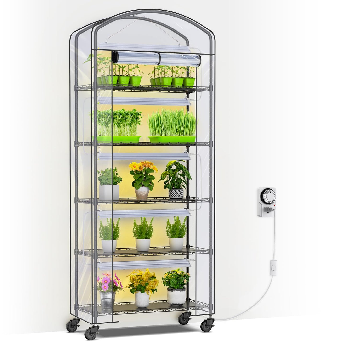 Abimars 5-Tier Greenhouse with Grow Light, Shelf Height Adjustable Metal Plant Shelf with PVC Cover and Wheels, Includes 5-Pack 2900K Full Spectrum Plant Lights, 13x29x73inch