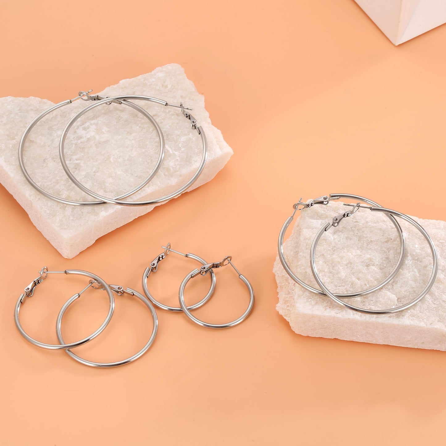 PICKBEAU 4 Pairs Silver Hoop Earrings for Women 14K White Gold Plated Lightweight Big Hoops Earring Set Hypoallergenic Trendy Jewelry Gift