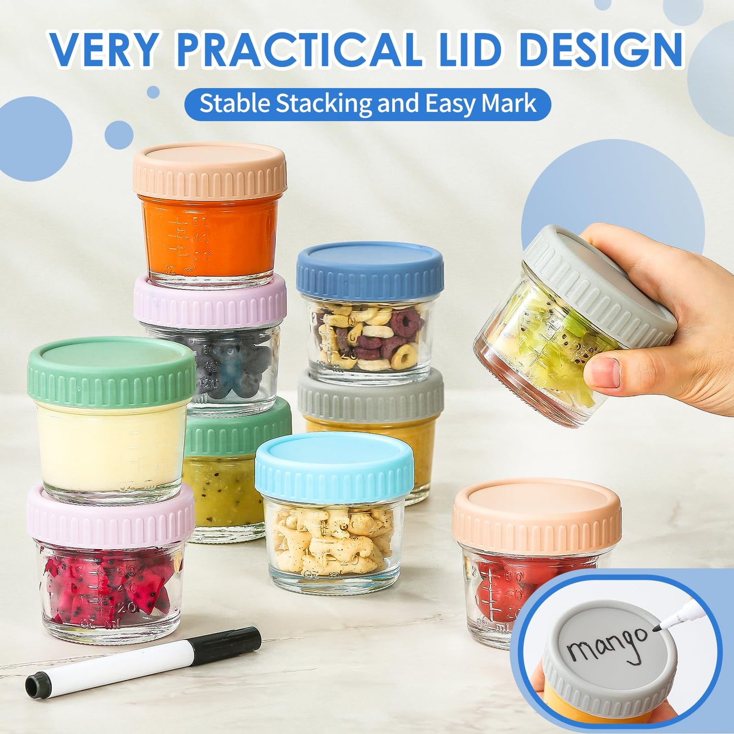 DRKIO 6 Pack Glass Baby Food Storage Containers - 4 Oz Baby Food Jars with Lids Baby Food Maker Microwave Dishwasher Freezer Safe 100% Leak Proof BPA Free Reusable