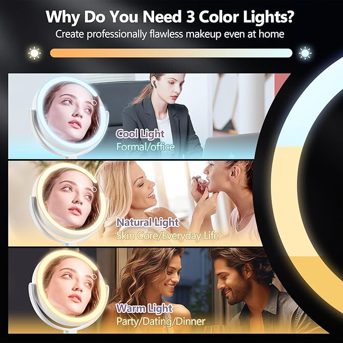 Makeup Mirror with Lights,20X Magnifying Mirror with Light and Touch Switch,Vanity Mirror with 3 Color Light and 80 LEDs,2-Sided Lighted Magnified Mirror 8.8 Inches