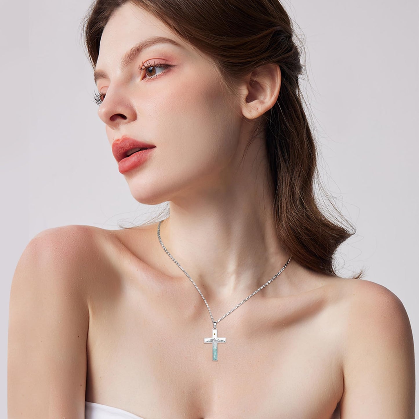 Suiknsn Mustard Seed Necklace 925 Sterling Silver Turquoise Mountain Necklace Faith Cross Pendant Christian Jewelry Hiking Mother's Day Gifts for Women Mom