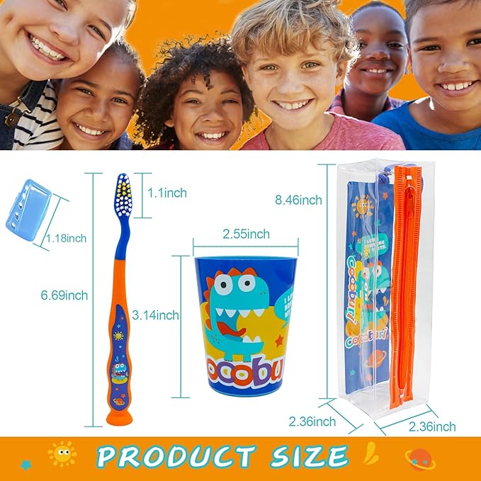 Dinosaurs 4-Piece Toothbrush Set Kid's Toothbrush Set Kids Travel Set Toothbrush, Toothbrush Cap, Cup Included and Carry Bag