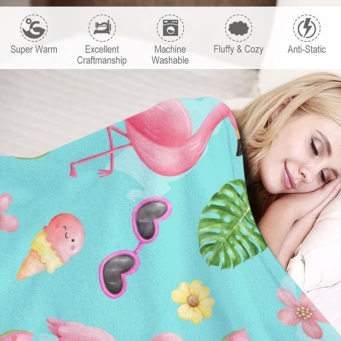 Custom Flamingo Blankets Gifts with Name - 40 x 50 Inches Cute Throw for Kids - Green Warm Furry Plush Flamingo Blankets for Sofa