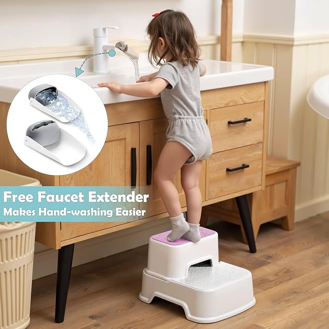 2-Step Stool for Kids - Toddler Anti-Slip Step Stool for Bathroom Sink/Toilet Potty Training/Kitchen Counter, 10" Height, 220 lbs Capacity, Durable & Stable (2Packs Pink)