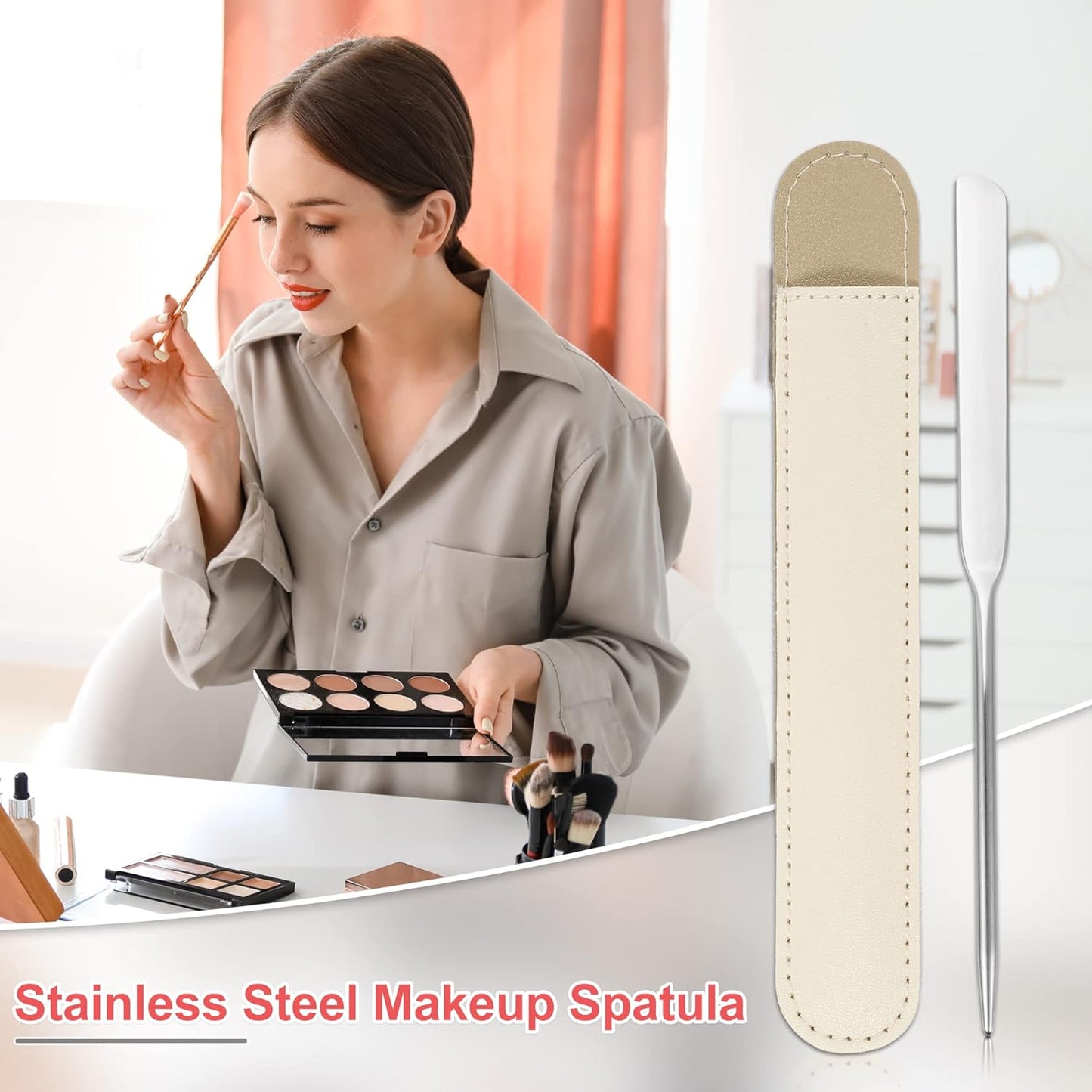 VOCOSTE 1 Set Stainless Steel Makeup Spatula, Liquid Foundation Spatula Tool with Faux Leather Case, Lipstick Nail Polish Mixing Palette Spatula, Beige
