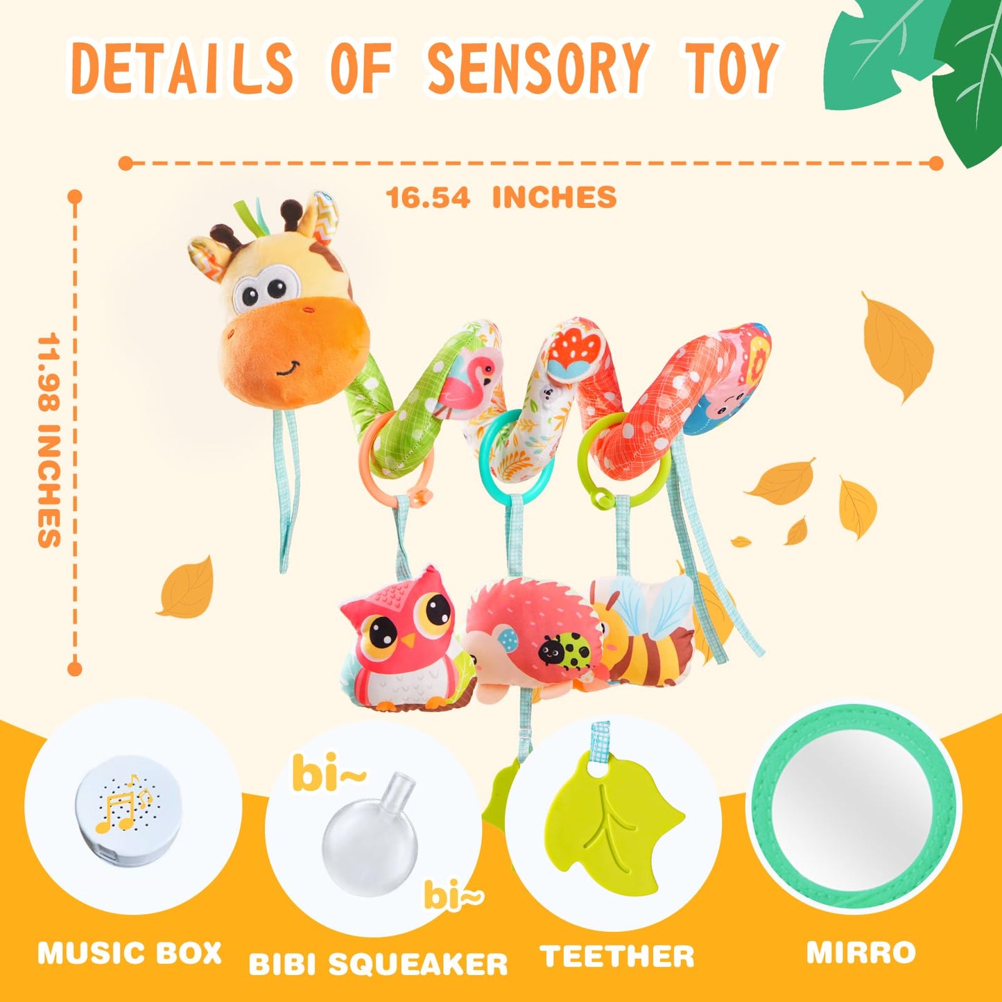 Jollybaby Crib Stroller Car Seat Toys for Baby 0-3-6-9-12 Months, Tummy Time Hanging Sensory Toys for Newborn with Music Box and Teether, Spiral Carseat Toy for Infant Boys Girls Gifts (Yellow)