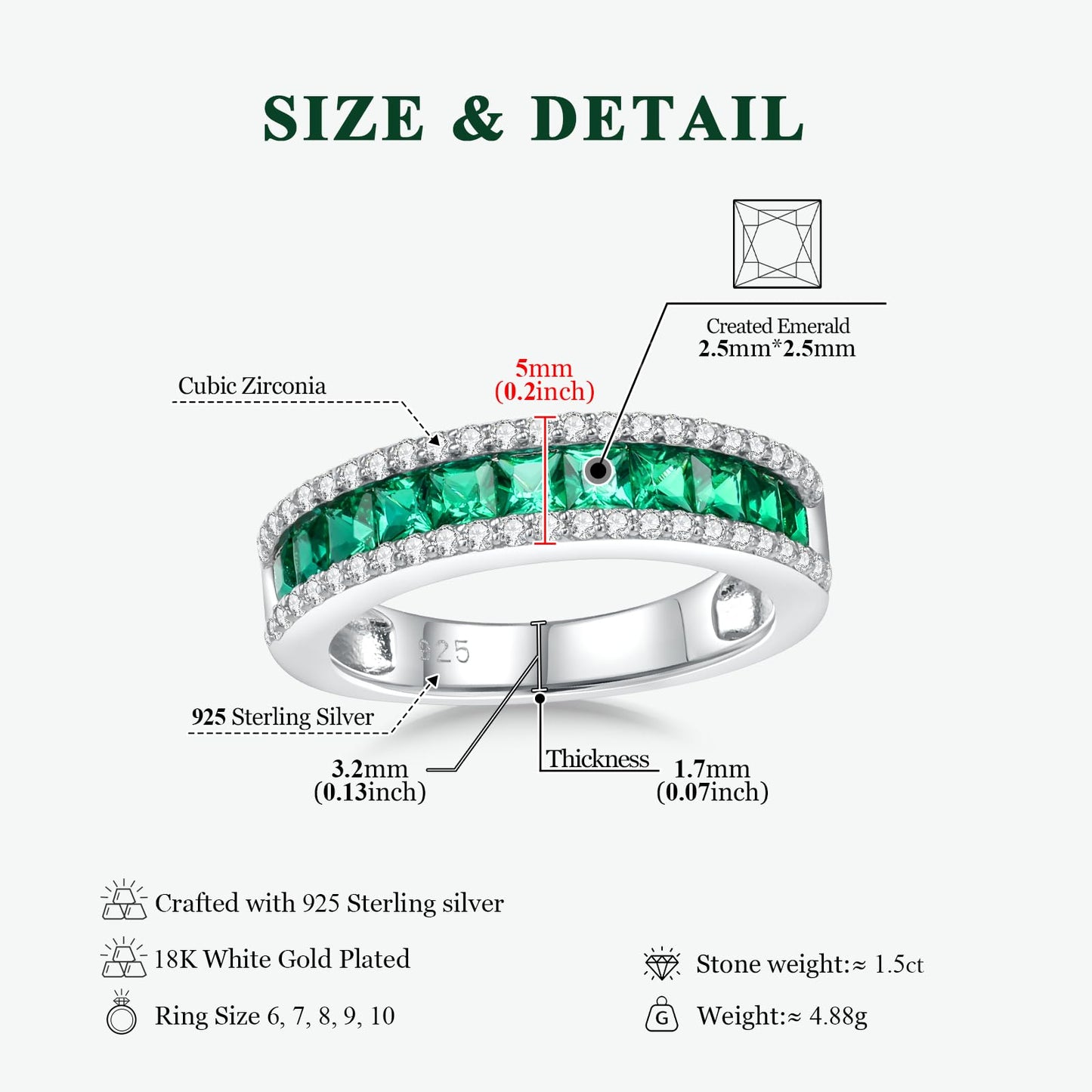 RANDES Emerald Eternity Ring 925 Sterling Silver Created Green Stone Emerald Engagement Wedding Band Rings for Women Men Size 8.5