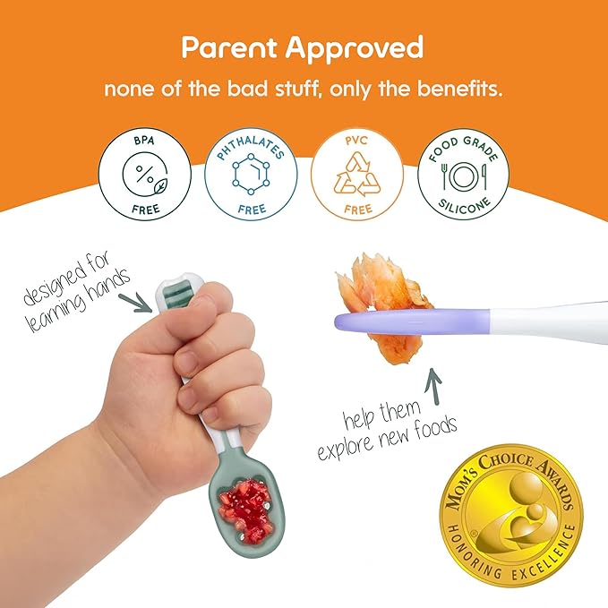 NumNum Baby Spoons Set, Baby Essentials Pre-Spoon GOOtensils for 6+ Months, First Stage Self-Feeding Spoons for Baby Led Weaning (BLW), Silicone Toddler Utensils, BPA-Free, 2 Pack Olive/Newbury Navy