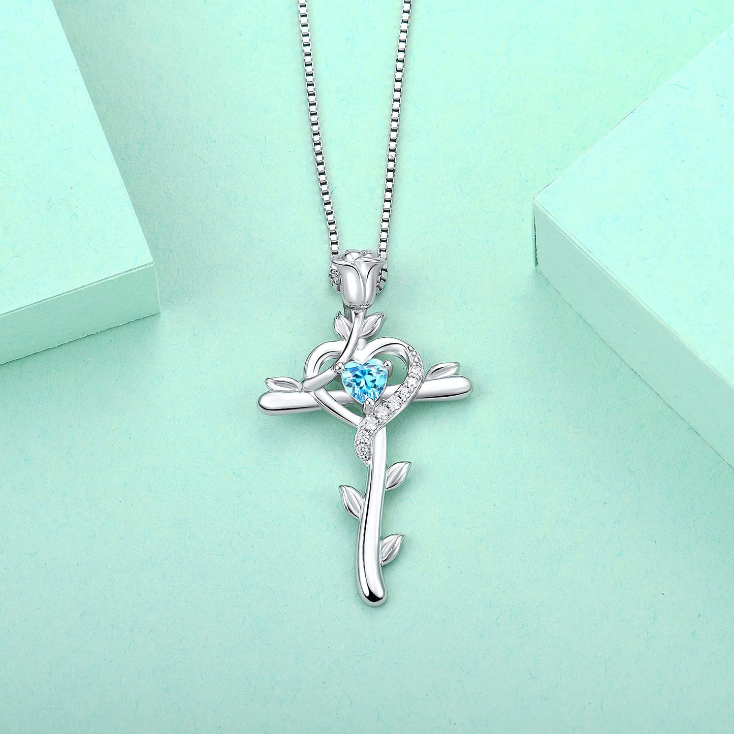 STARCHENIE Rose Cross Necklace 925 Sterling Silver Heart Crucifix Pendant Created Aquamarine Jewelry for Women