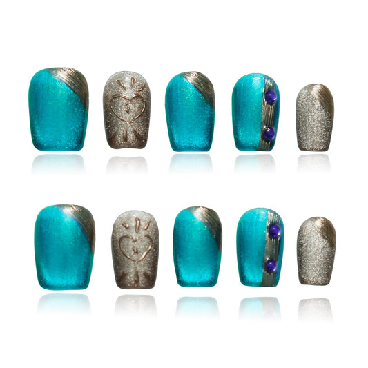 Tesytto Luxury Blue Cat Eye Press on Nails, Handmade 3D Short Square Nails Glitter Blue & Gold Ombre with Heart Line Art and Rhinestone Accents for New Year,Party, Valentine's Day (Neon Cat Eye,S)