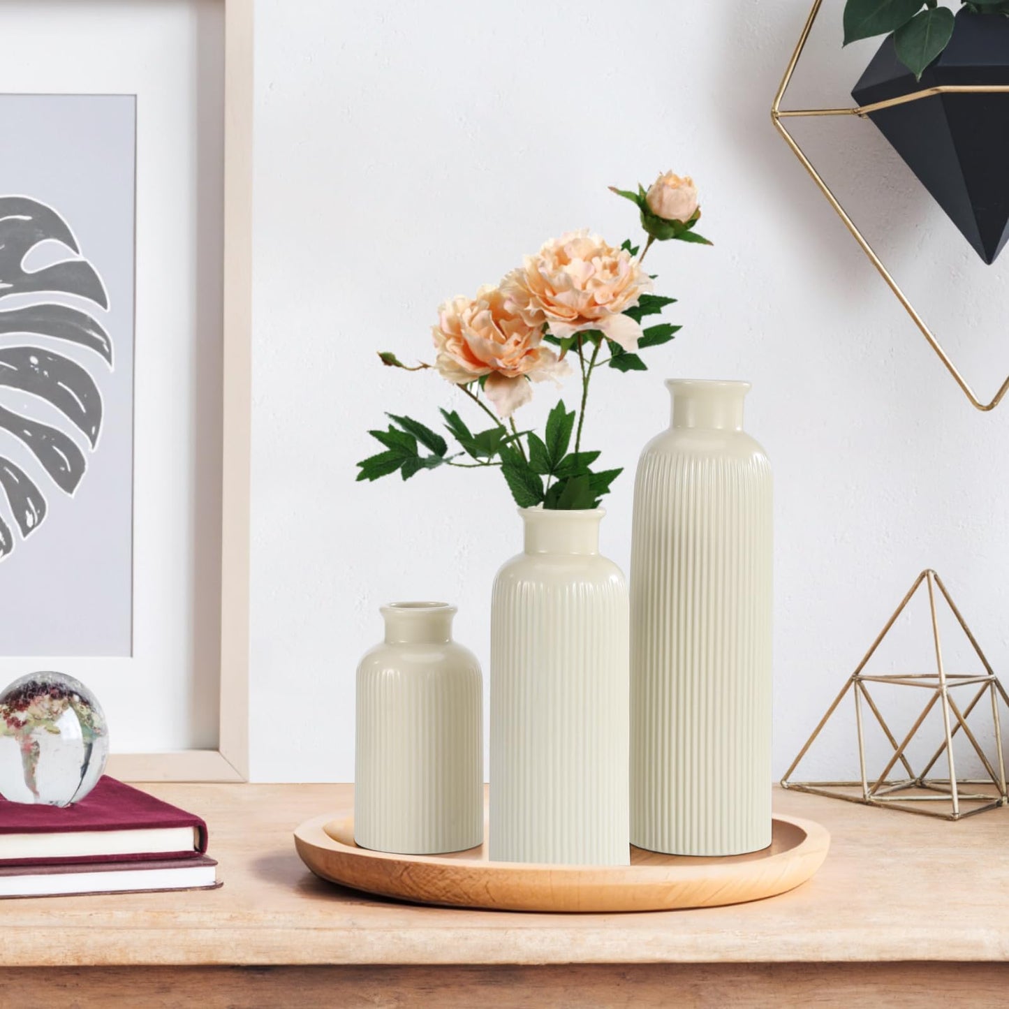 Small Beige Ceramic Vase Set of 3, Boho Modern Beige Flower Vase Room Decor, Farmhouse Decor, Vases for Your Kitchen, Bathroom, Bedroom, Living Room, Office&Shelf Centerpiece Table Decorations