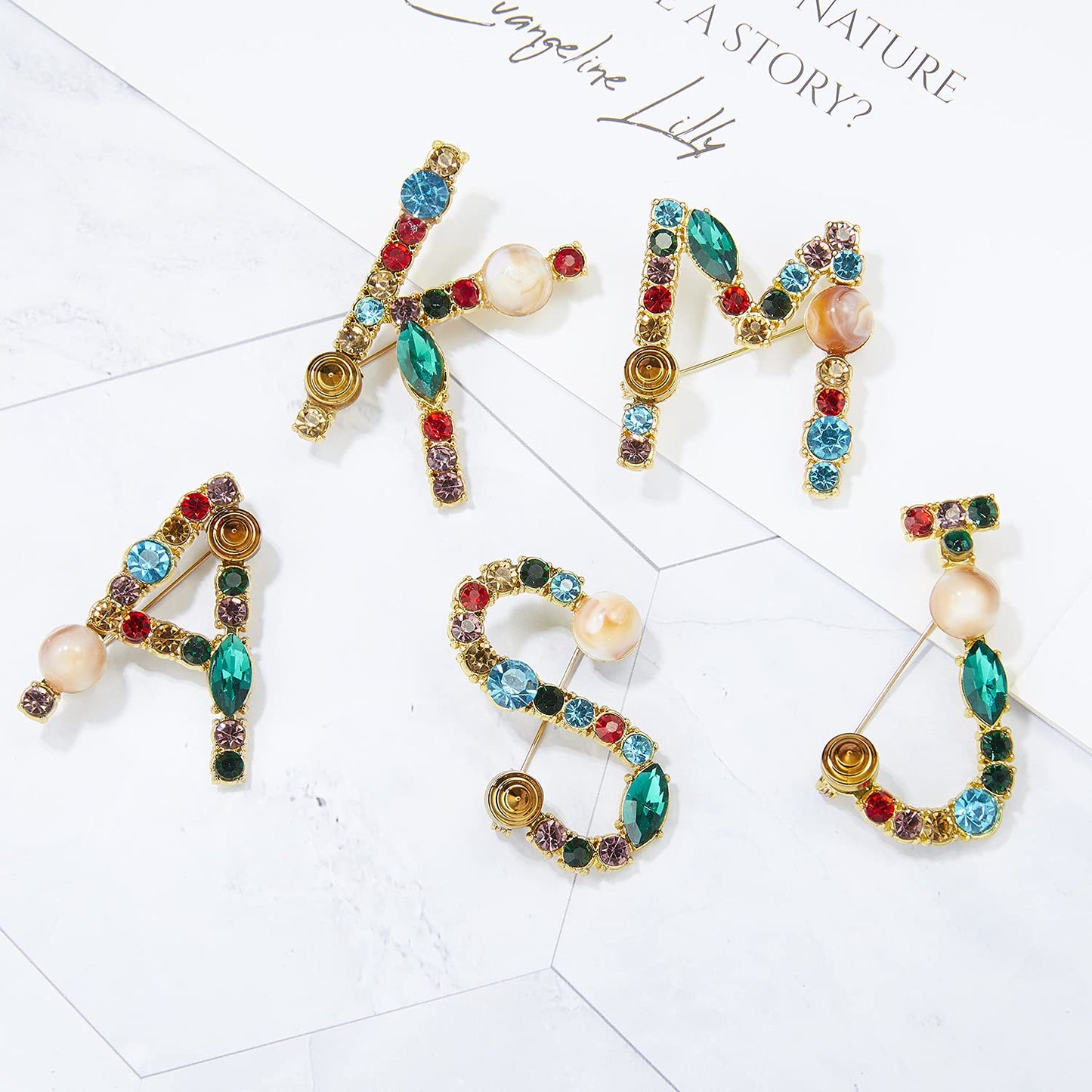 RINHOO Crystal Pearl Initial Brooch Gold Plated Enamel Colorful Letter Alphabet Breastpin Pin Jewelry for GIFTS (Gold S)