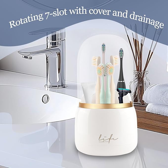 Toothbrush Holders for Bathrooms, 360° Rotating with Cover and Draining Water,Tooth Brush Toothpaste Holder Bathroom Counter Stand Sink Organizer Caddy for Vanity Makeup Brushes Holder