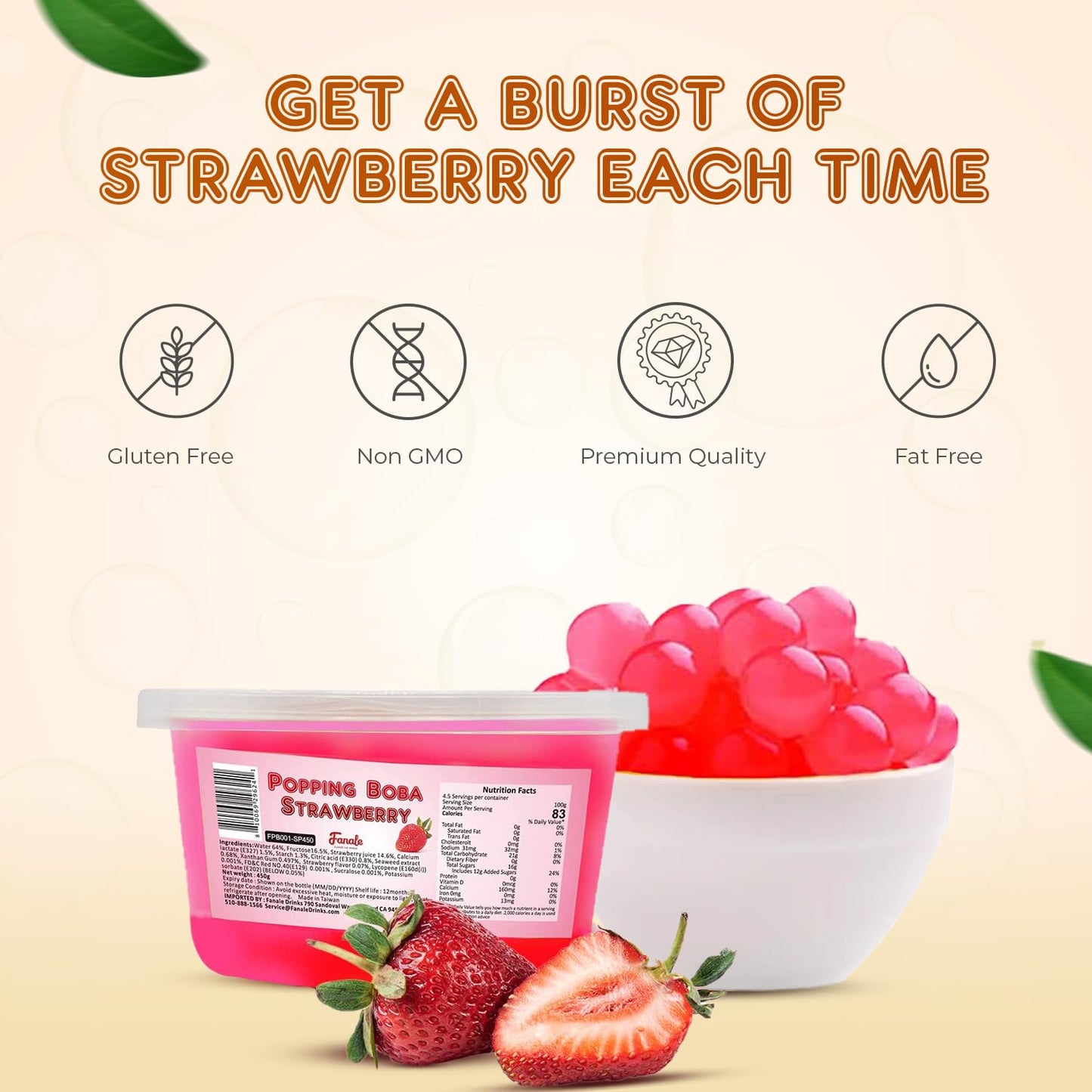 Fanale Strawberry Popping Boba Pearls, Vegan, Non GMO, Gluten Free, Fat Free, Perfect for Bubble Tea, Smoothies, Ice Cream, Desserts, and Beverages.