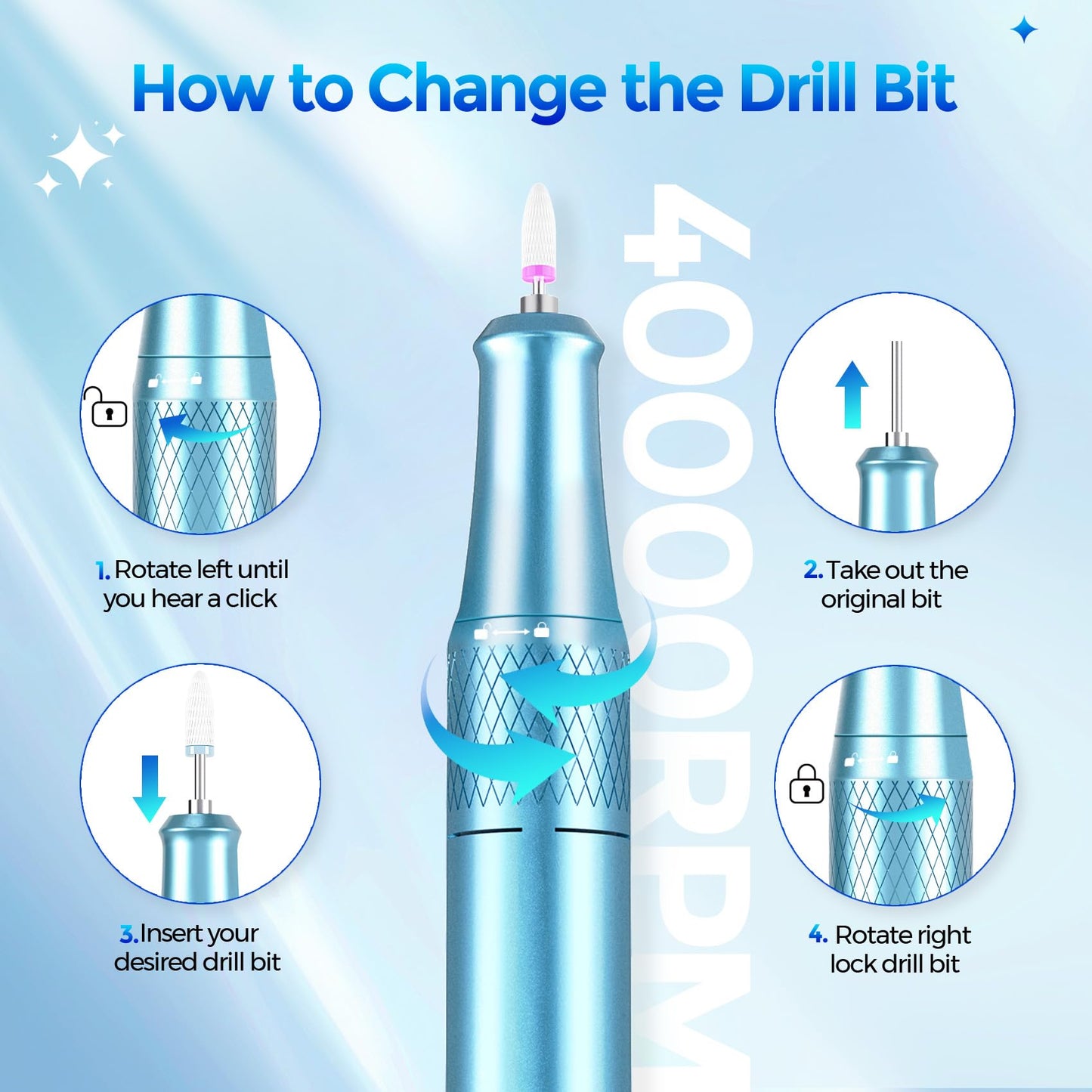 Nail Drill Electric File: DEDNMSCA Sparkly Professional Nail Drill Kit, 40000RPM E-File Machine with 12 Drill Bits for Acrylic Nails Remove Nail Gel Polish Manicure for Salon Home, Blue Diamond