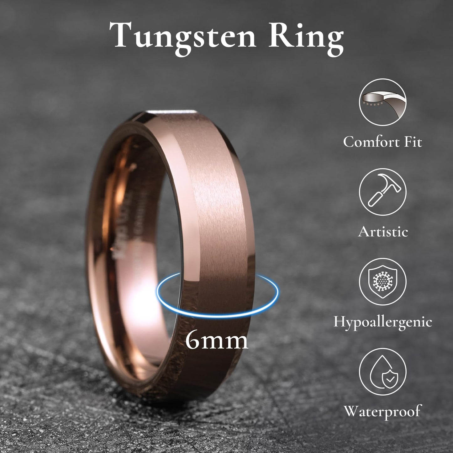 King Will Brown Basic Tungsten Rings For Men 6mm Wedding Band Polished Edge Brushed Matte Promise Ring Comfort Fit, Size 12