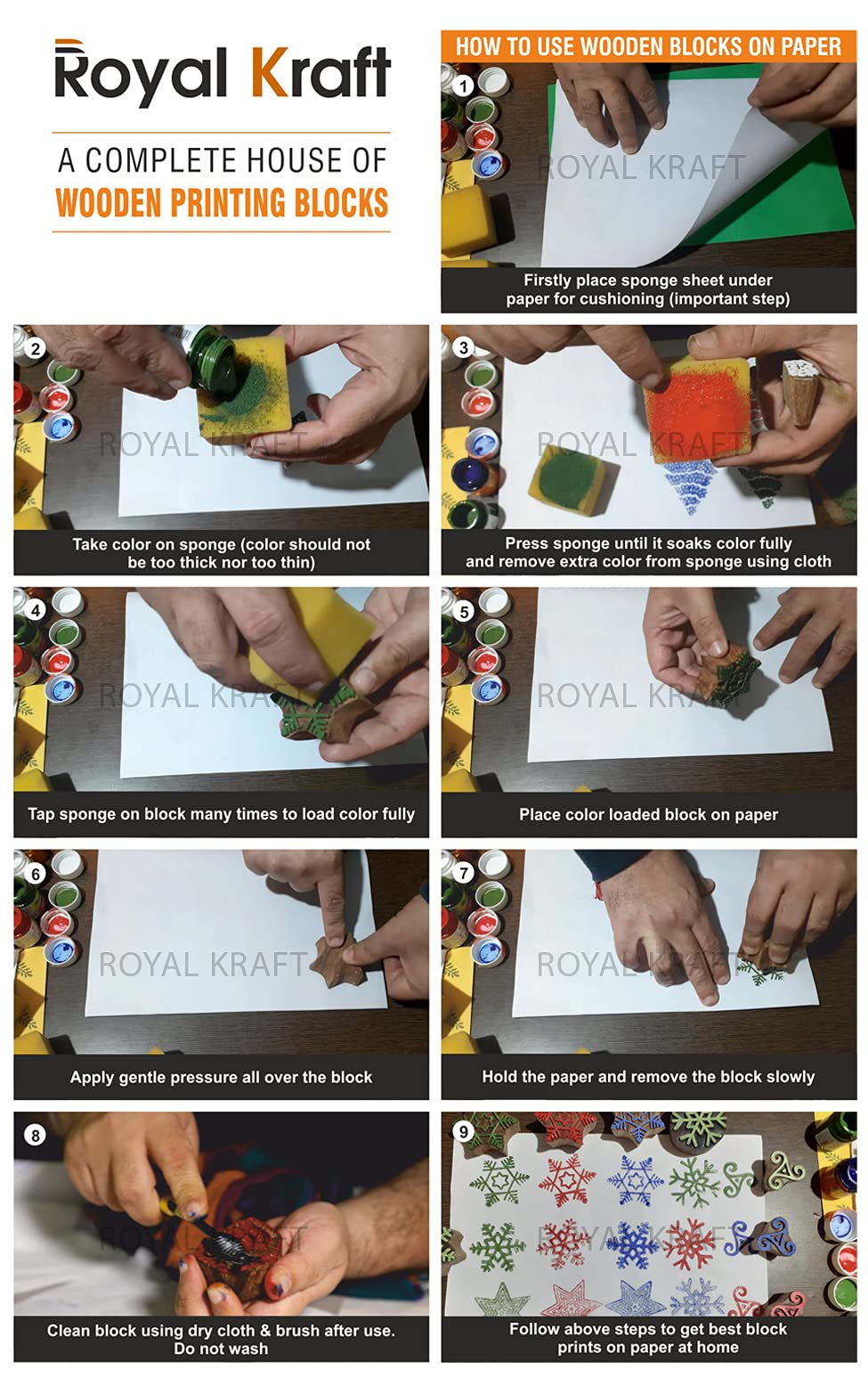 Royal Kraft Wooden Stamps for Block Printing on Saree Border, Textile, Clay, Pottery, Tattoo (Set of 10) MXtag0008