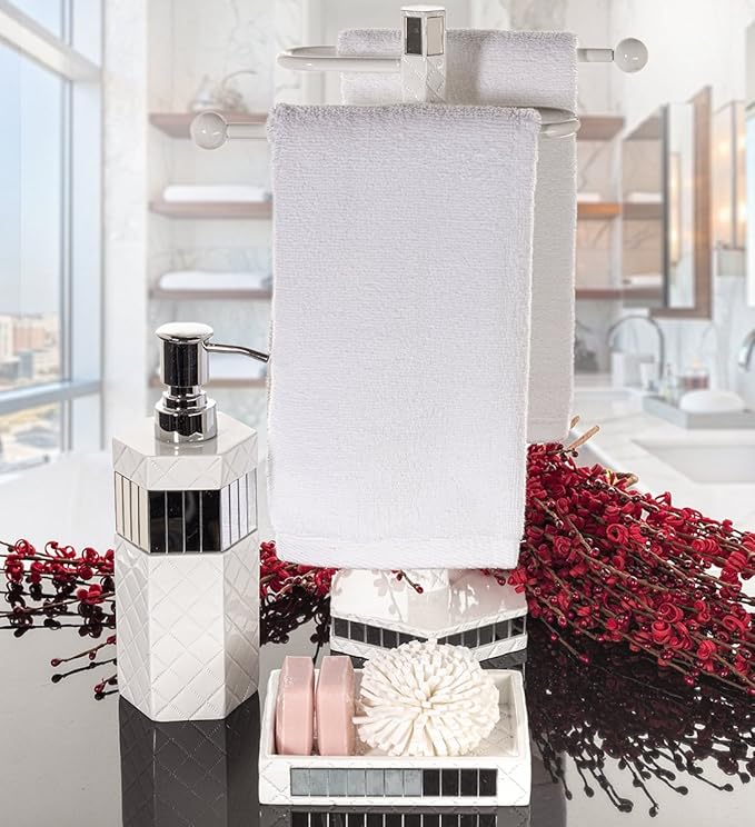 Creative Scents Quilted Mirror White Hand Soap Dispenser for Bathroom - Decorative Lotion Dispenser with Durable Metal Pump, Resin Countertop Shower Dispensers for Elegant Bathroom Decor