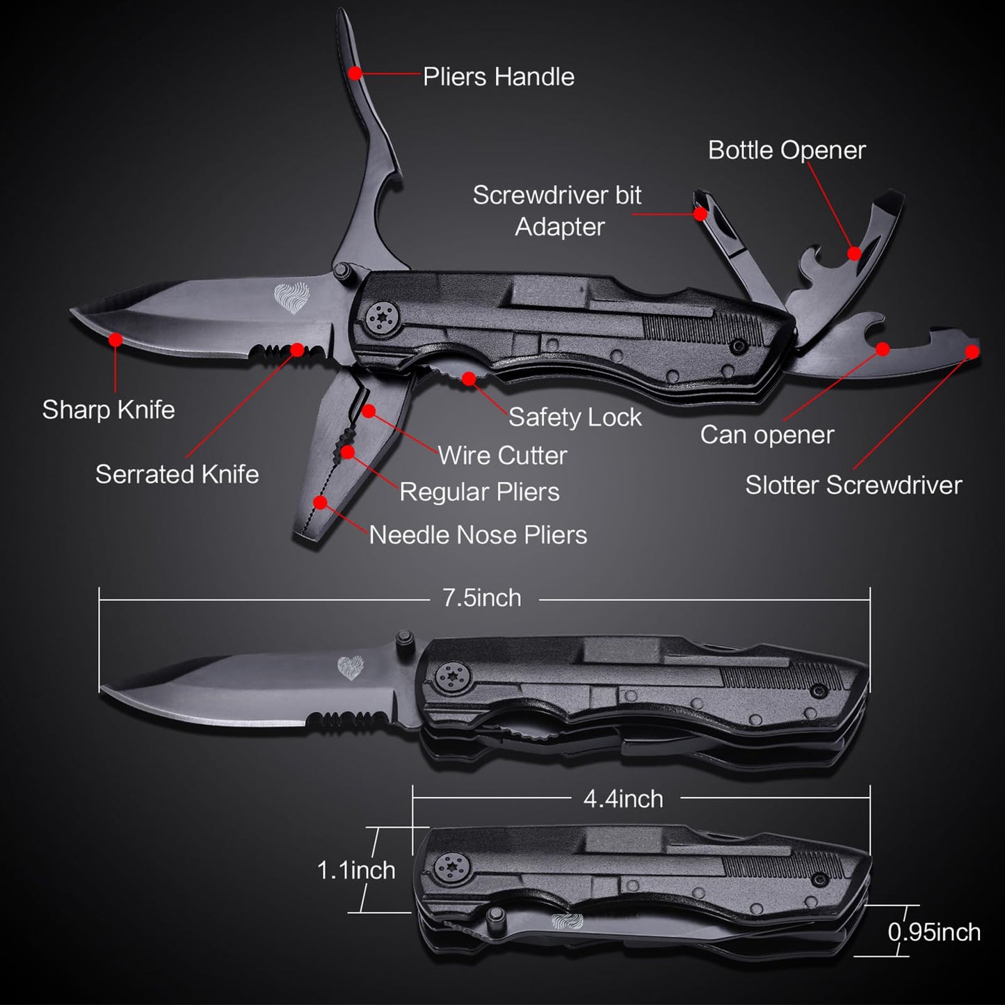 Unutes 14 in 1 Multitool Pocket Knife for Men, Tactical Multi-Tool Plier 9-in-1 screwdriver set with Nylon Sheath for Survival, Camping, Gifts for Dad, Husband