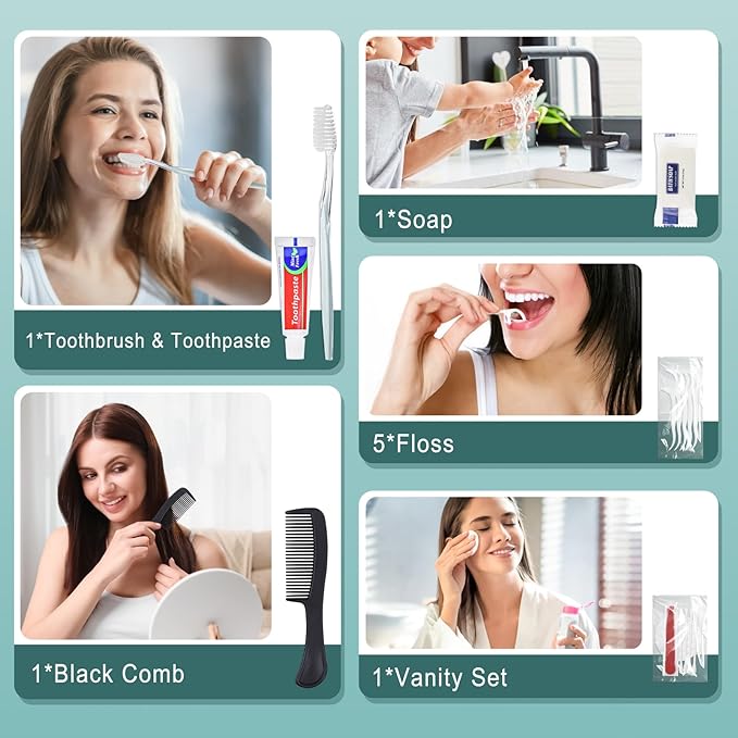 25 Sets Personal Hygiene Kit Bulk, Disposable Toothbrushes with Toothpaste Floss Comb Soap Cover and Vanity Kit, Toiletry Kits Homeless Supplies Bulk for Women,Men,Travel,Homeless