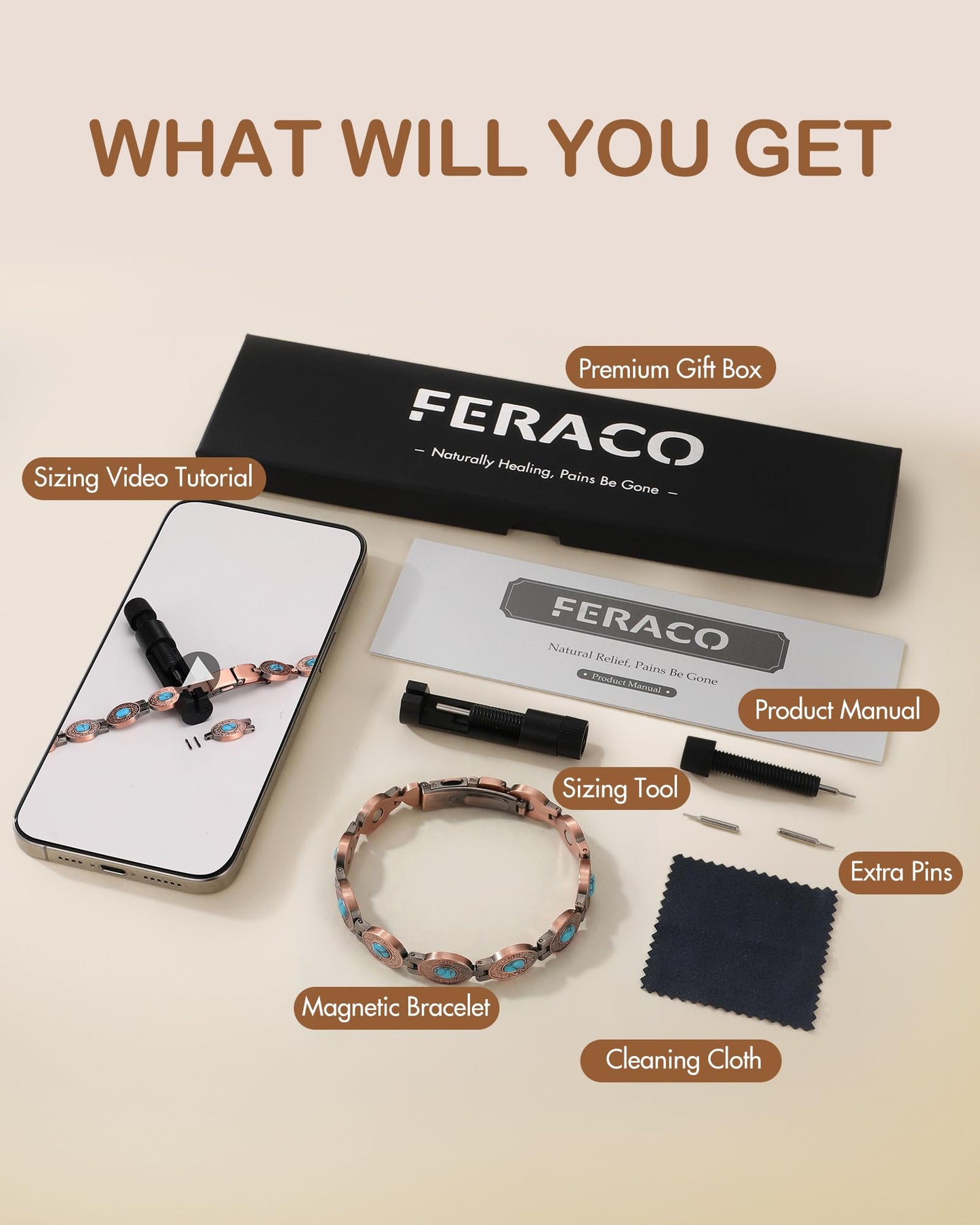 Feraco 99.99% Pure Copper Bracelets for Women, Ultra Strength Magnetic Bracelet with 3800 Gauss Magnets & Natural Turquois, Adjustable Jewelry Gift
