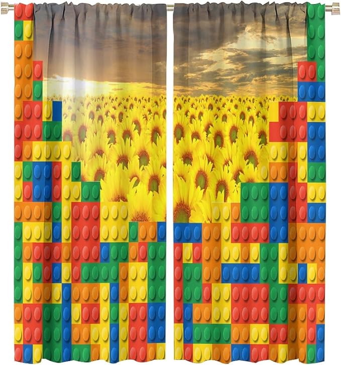 Colorful Building Blocks Sunflower Flower 3D Toy Printed Curtains, Building Blocks, Floral Sunflower Curtains, Interesting Brick 3D Design, Boys and Girls Room Curtain Panels, 2 Panels 55x63in