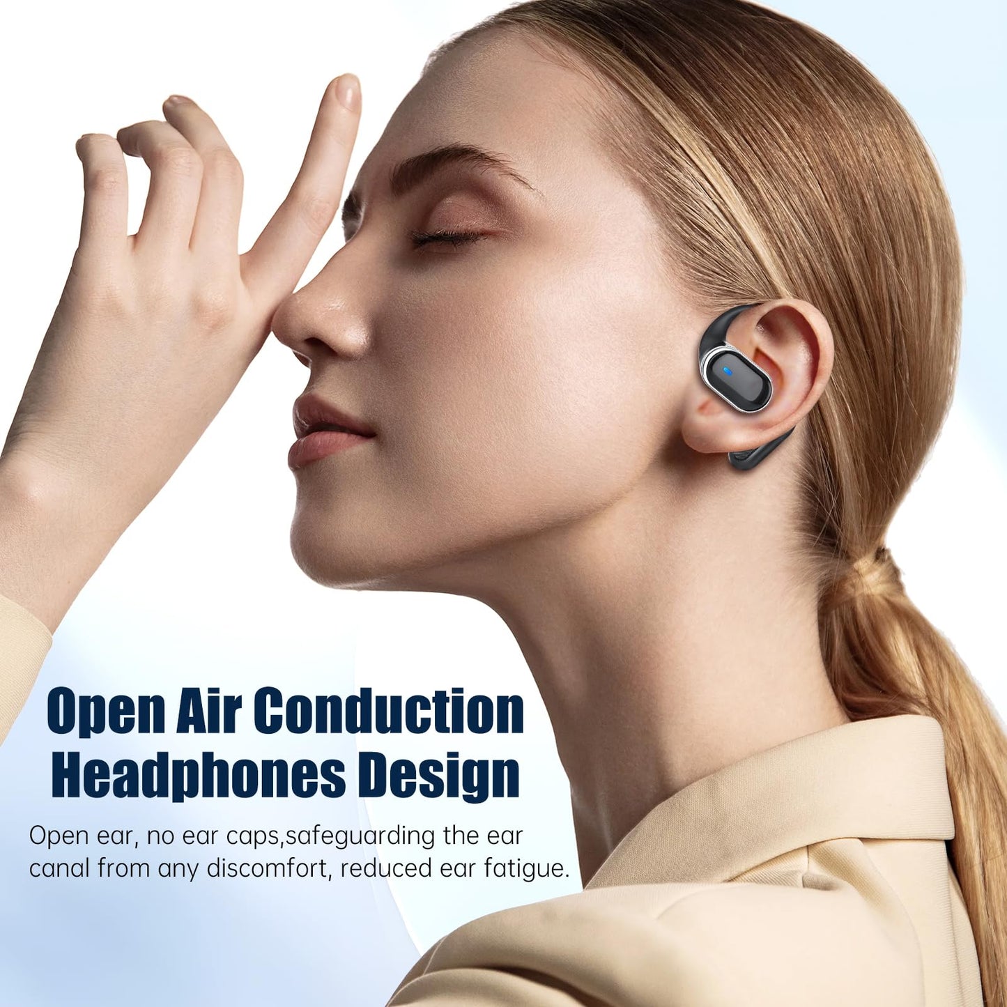 TRAUSI Open Ear Wireless Earbuds Bluetooth Headphones, 50Hrs Playtime Stereo Sound Earphones with IPX7 Waterproof Ear Buds for Fitness/Workouts/Travel
