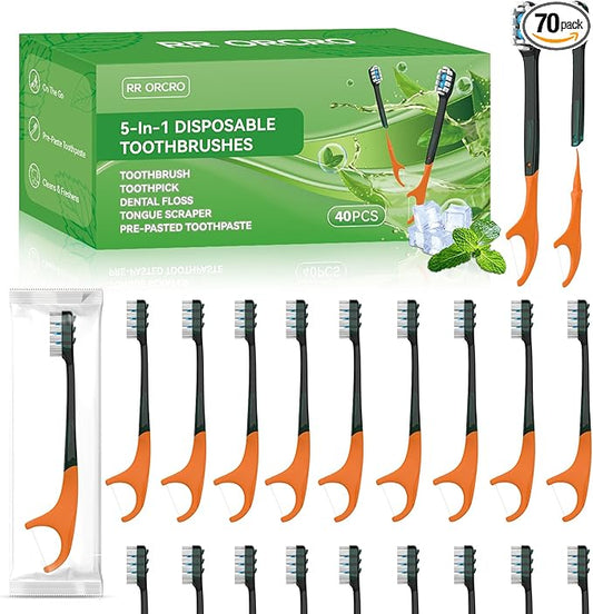 40Pack Disposable Toothbrush with Toothpaste All-in-One Oral Care Prepasted Individually Wrapped 5-in-1 Mini Toothbrush with Toothpick, Flosser, Tongue Cleaner, Perfect for Travel & On-The-Go (40P)
