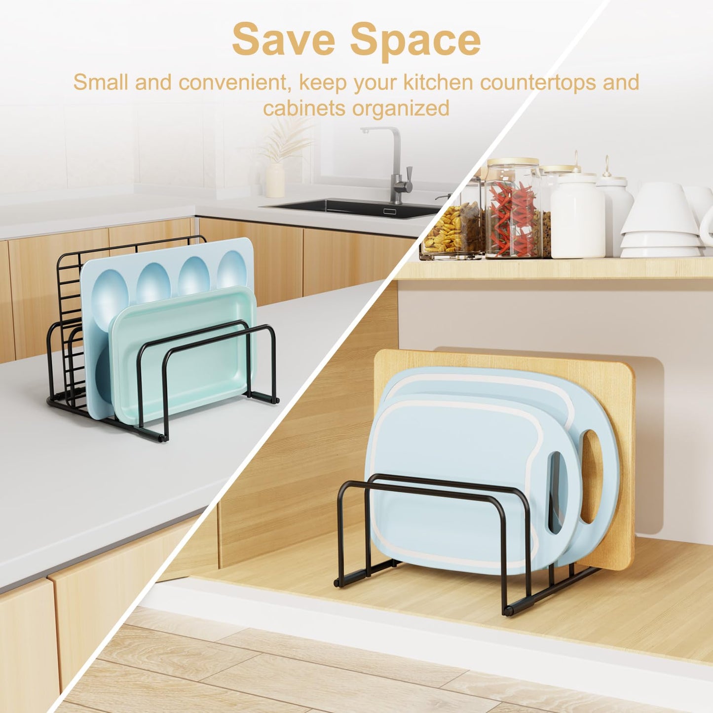 Fikoksol Cutting Board Organizer and Baking Sheet Rack, [2-Pack] Black Heavy Duty Metal Cookie Sheet Organizer for Cutting Board Storage & Plate Holder for Cabinet, Tray Dividers for Cabinets