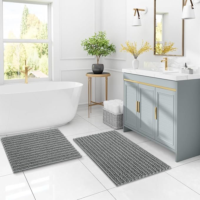 Arotive Luxury Chenille Bathroom Rug Mat, Extra Soft Thick Absorbent Shaggy Bath Rugs, Non-Slip Machine Wash Dry, Plush Bath Mats for Bathroom, Shower and Tub, 70x24, Grey