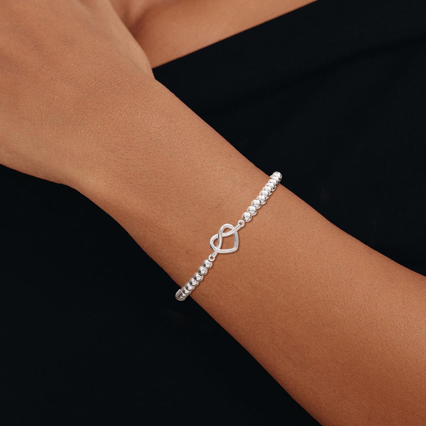 Beaded Bracelets for Women 14K Silver Gold Plated Stretch Handmade Ball Bracelets Cute Charm Bracelet Dainty Stackable Cross Heart Bow Wave CZ Circle Trendy Jewelry Easter Gifts (knot-heart-silver)