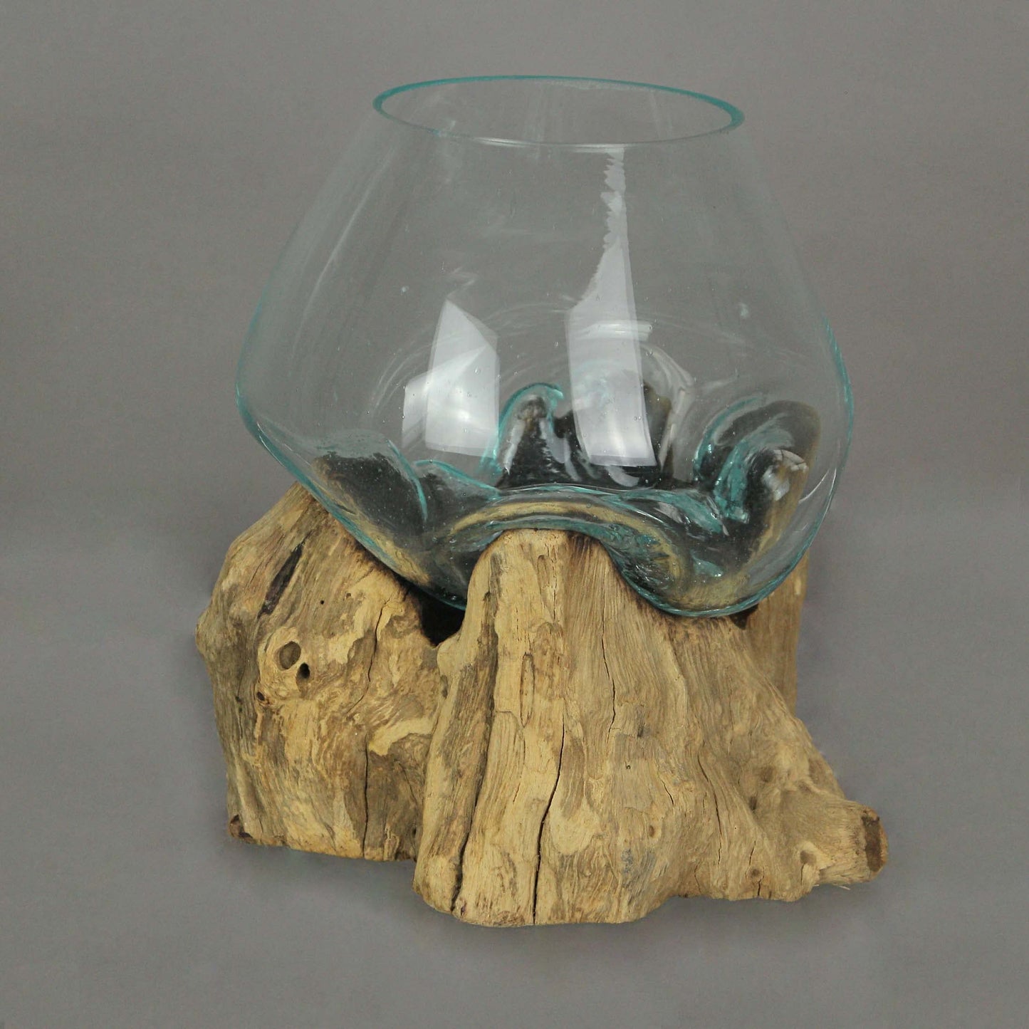 Handcrafted Melted Glass and Teak Driftwood Centerpiece Bowl/Sculpture- Unique 7-Inch Earthy Artistry for Succulents, Terrariums, and Decorative Displays