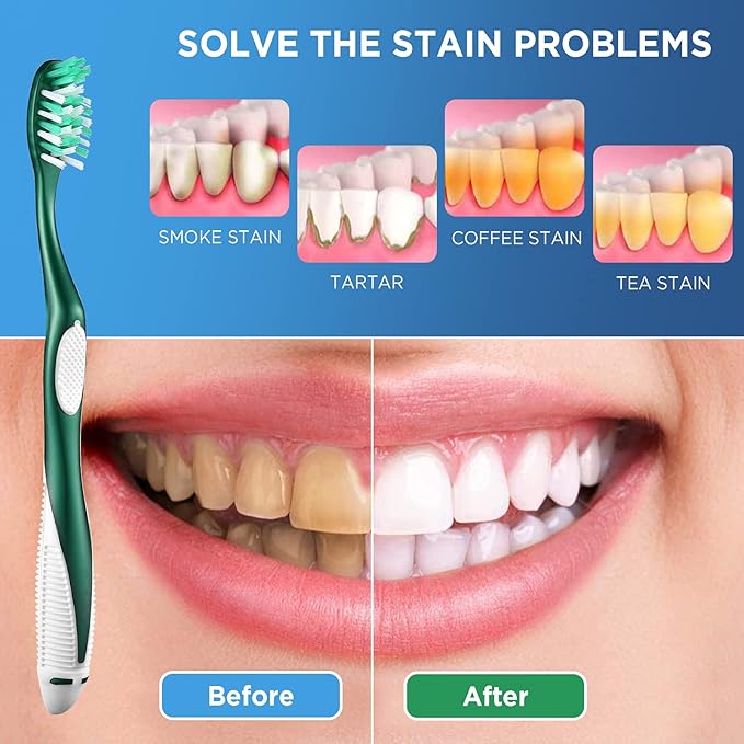 Extra Firm Toothbrushes with Covers for Adults, Cross Extra Hard Bristles, with Built in Tongue Scraper, 6 Count