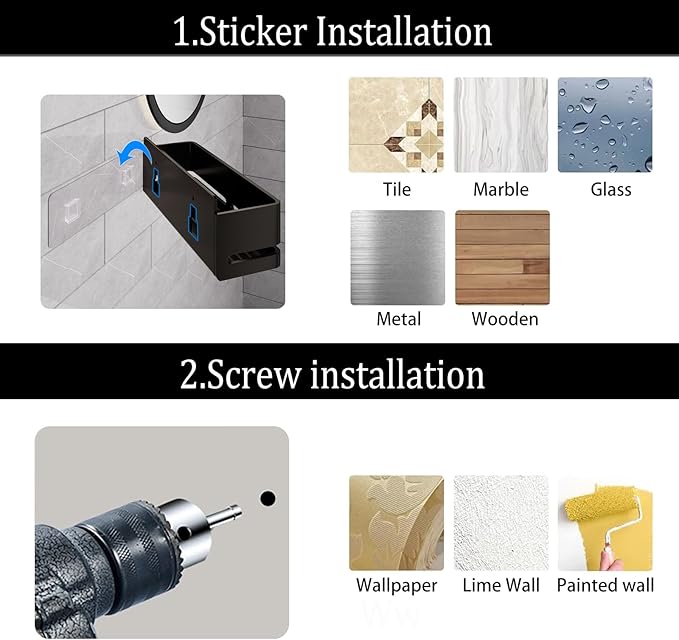 Bathroom Storage Rack (5-Piece Set), Wall-Mounted Shelf with soap Dish and Toothbrush Holder, no Drilling Required, Ideal for Bathroom Storage and Also Suitable for Kitchen (Black)