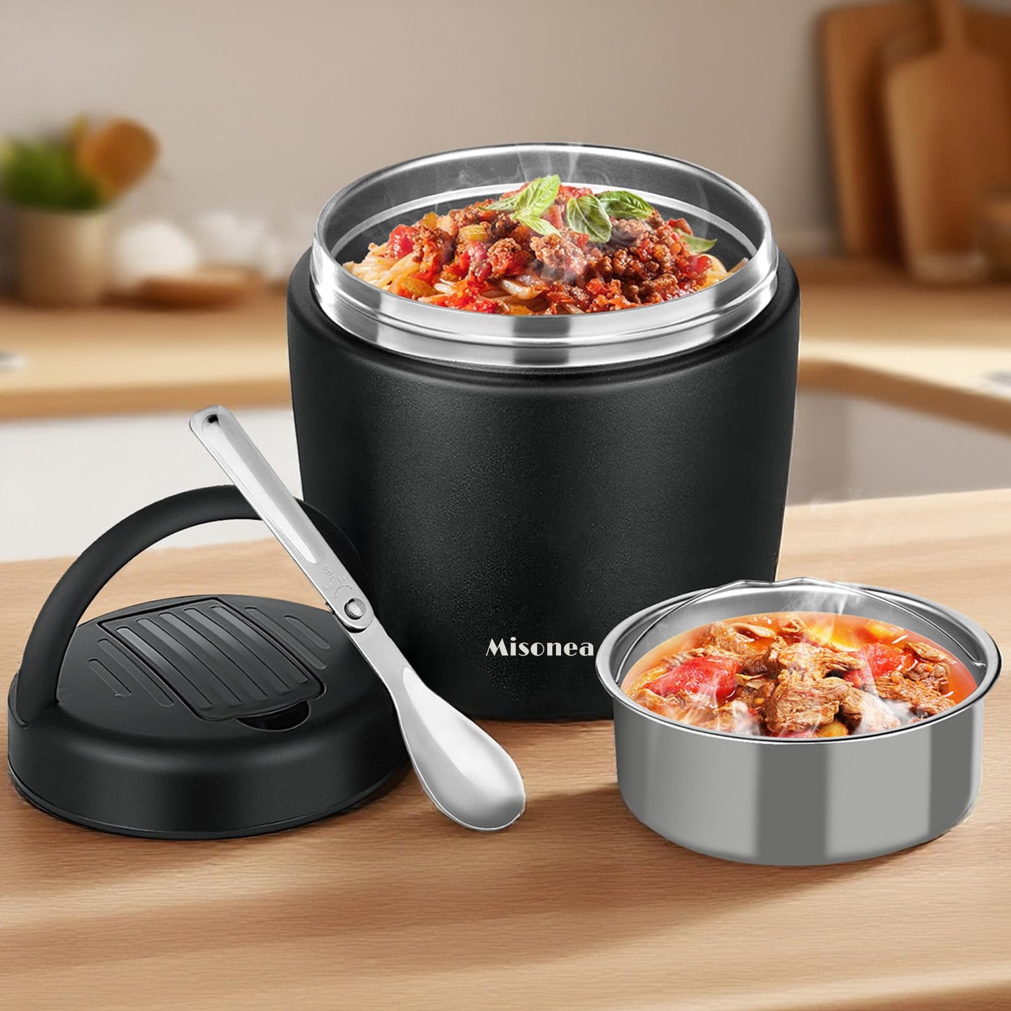Godobo Thermo for Hot Food 40oz, Vacuum Insulated Food Jar for Adults, Stainless Steel Soup Thermo Wide Mouth Leakproof Lunch Containers with Spoon for School Office (Black)