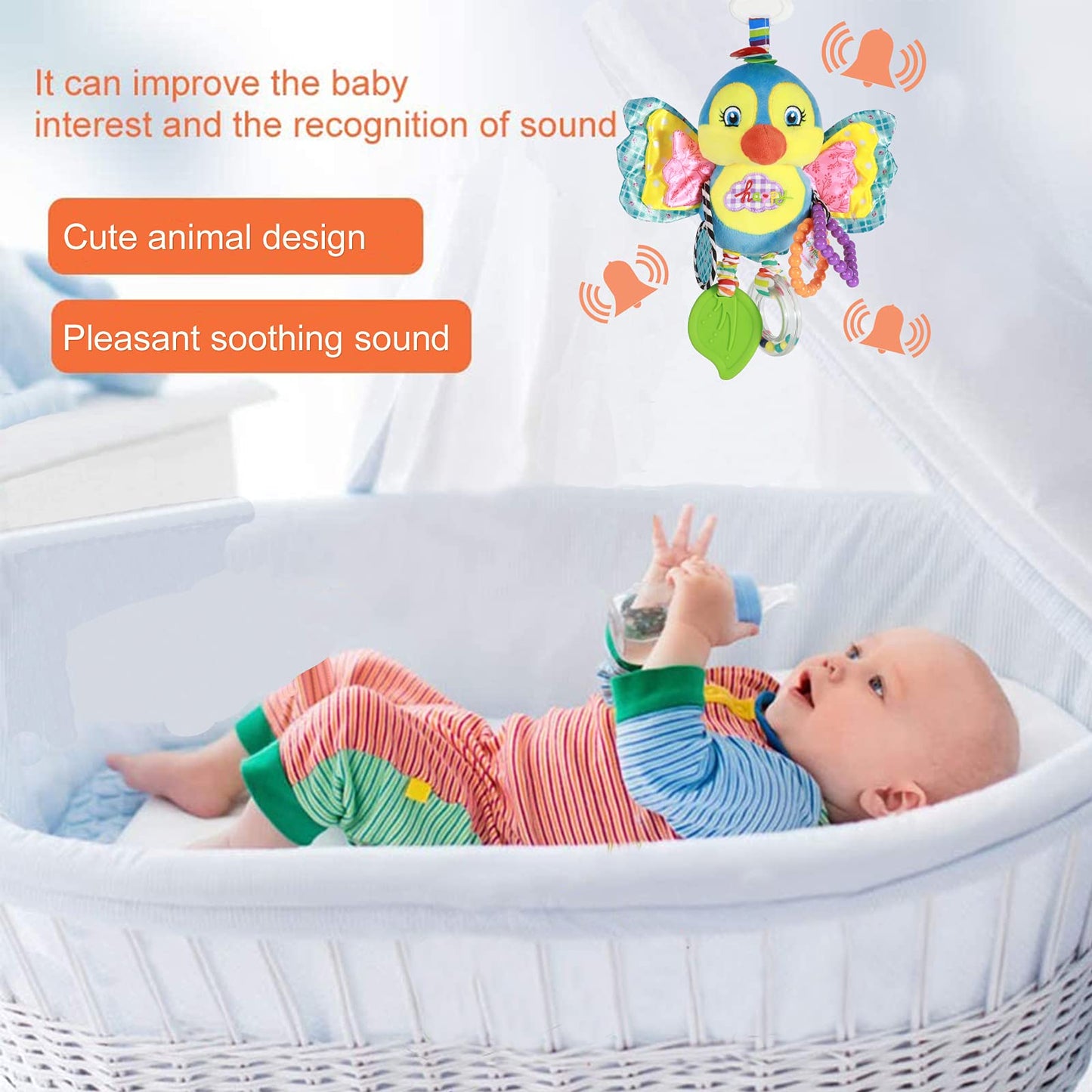 Funsland Baby Stroller and Car Seat Toys for Infant - Hanging Rattle Teether Clip on Soft Plush Baby Toys for Boys and Girls 3-12 Months