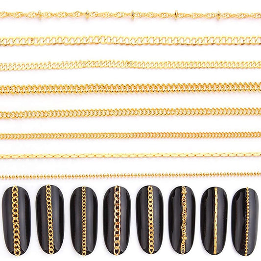 JERCLITY 8 Strips 19.7in Gold Nail Chains for Nail Art 3D Gold Nail Charms Metal Nail Art Chains Punk Nail Studs Jewelry Accessories for Women