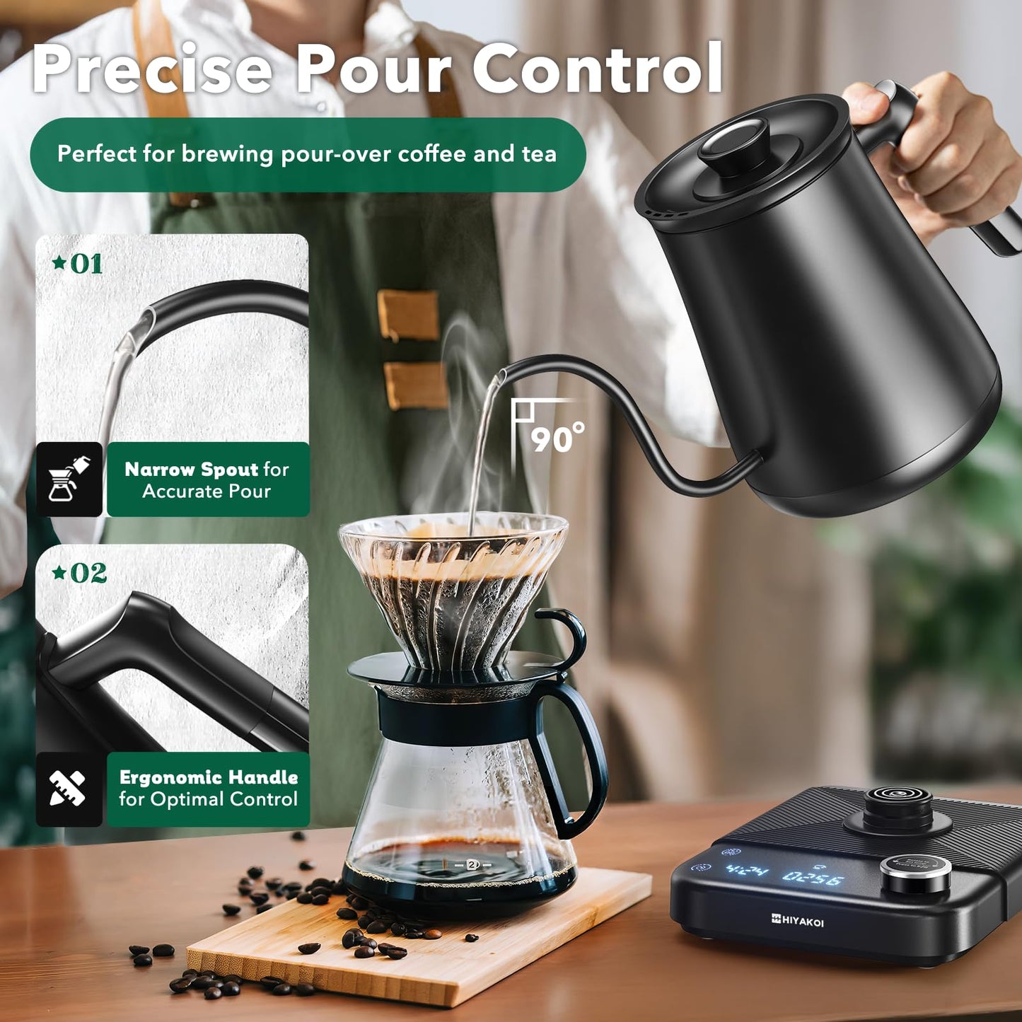 Gooseneck Electric Kettle HIYAKOI with ±1℉ Temperature Control, Pour Over Kettle for Coffee & Tea, 1200W Rapid Heating, Stainless Steel Water Boiler with 12H Keep Warm & Built-in Timer, 0.8L/27oz