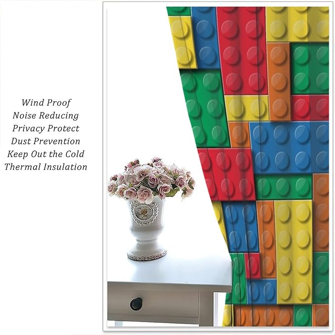 Building Block Toy Curtain Rod Pocket Children's Nursery Abstract Outline Colorful Toy Cartoon Theme Brick Geometric Print Curtain, Blackout Curtain for Boys and Girls Room 42x63in