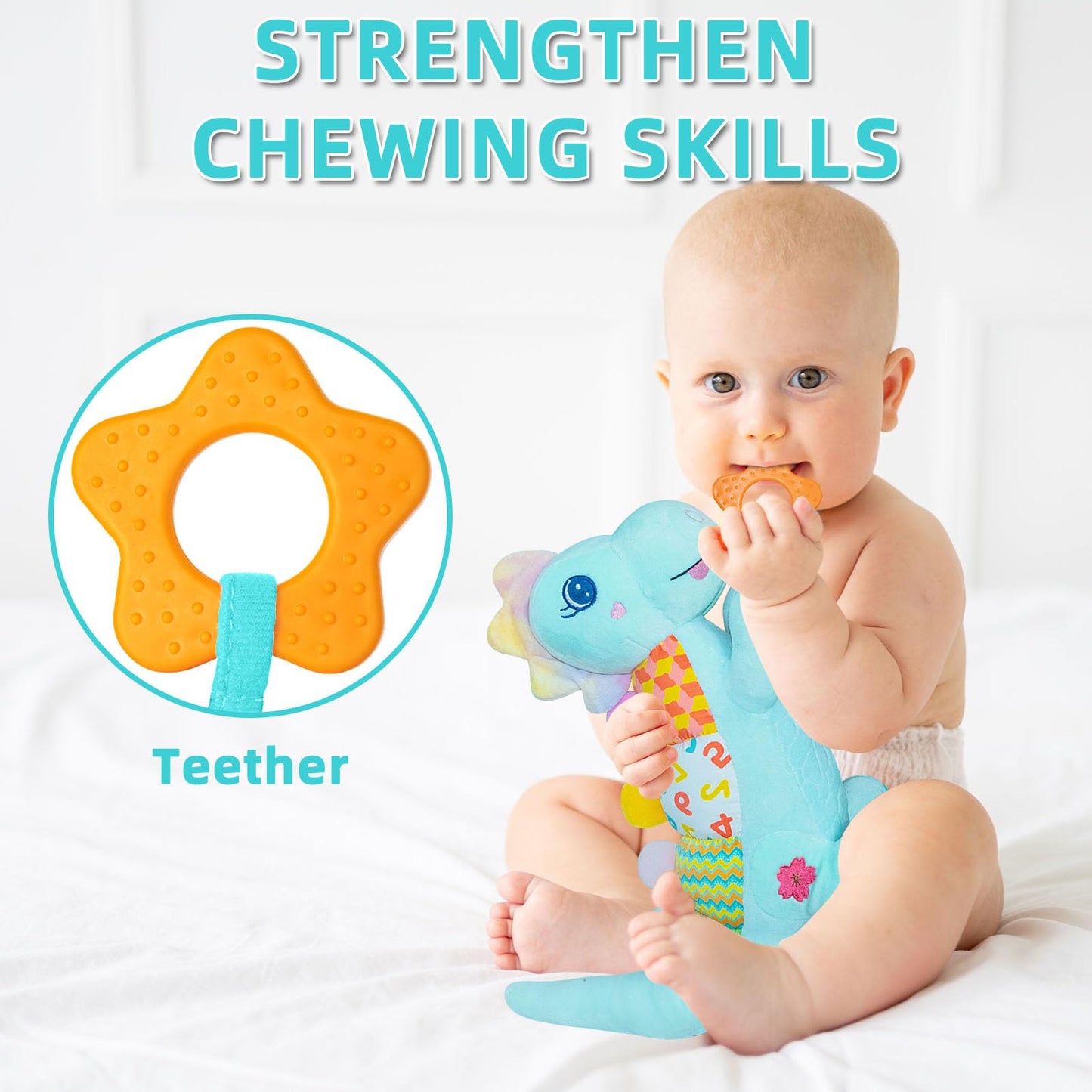 Baby Dino Musical Stuffed Animal Toys for 0-3-6-9-12 Months，Infant Dinosaur Tummy Time Toys with Crinkle Sound Paper,Teether，Textures & Rattles for Newborn Boys Girls Birthday Gifts，Blue