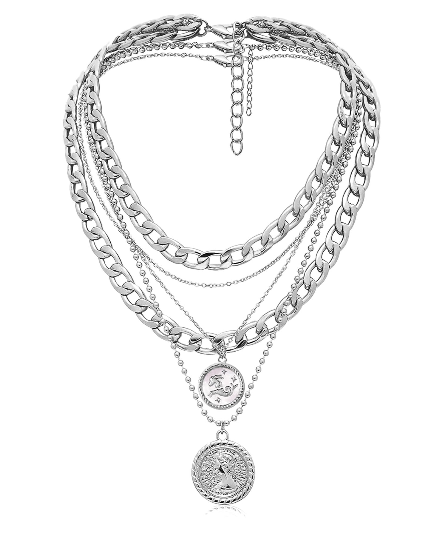 MJartoria Gold Layered Necklaces for Women Trendy Retro Coin Pendant Necklace Dainty Chunky Chain Choker Necklaces for Jewelry Birthday Gifts (Silver, Zodiac-Capricornus-3PCS Layered)