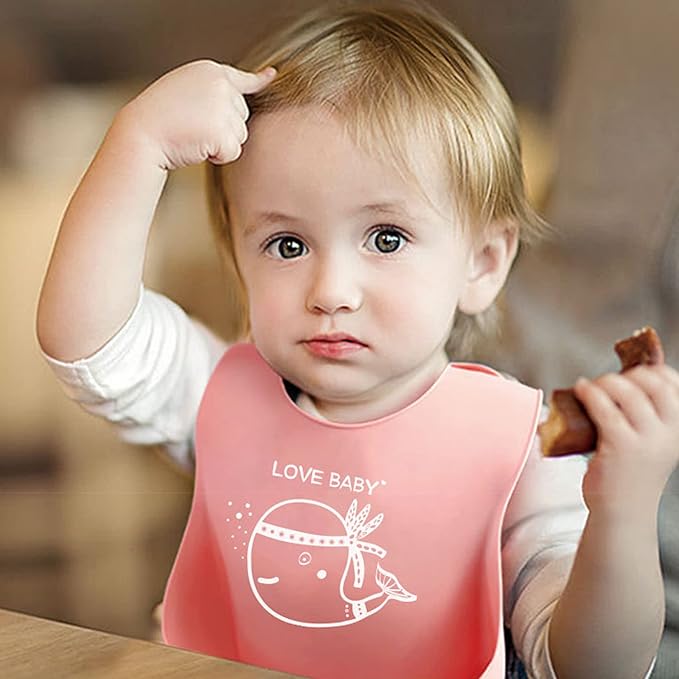Silicone Bibs for Babies and Toddlers 2 Sets Feeding Bibs for Boy and Girl, Adjustable Soft Waterproof Bibs