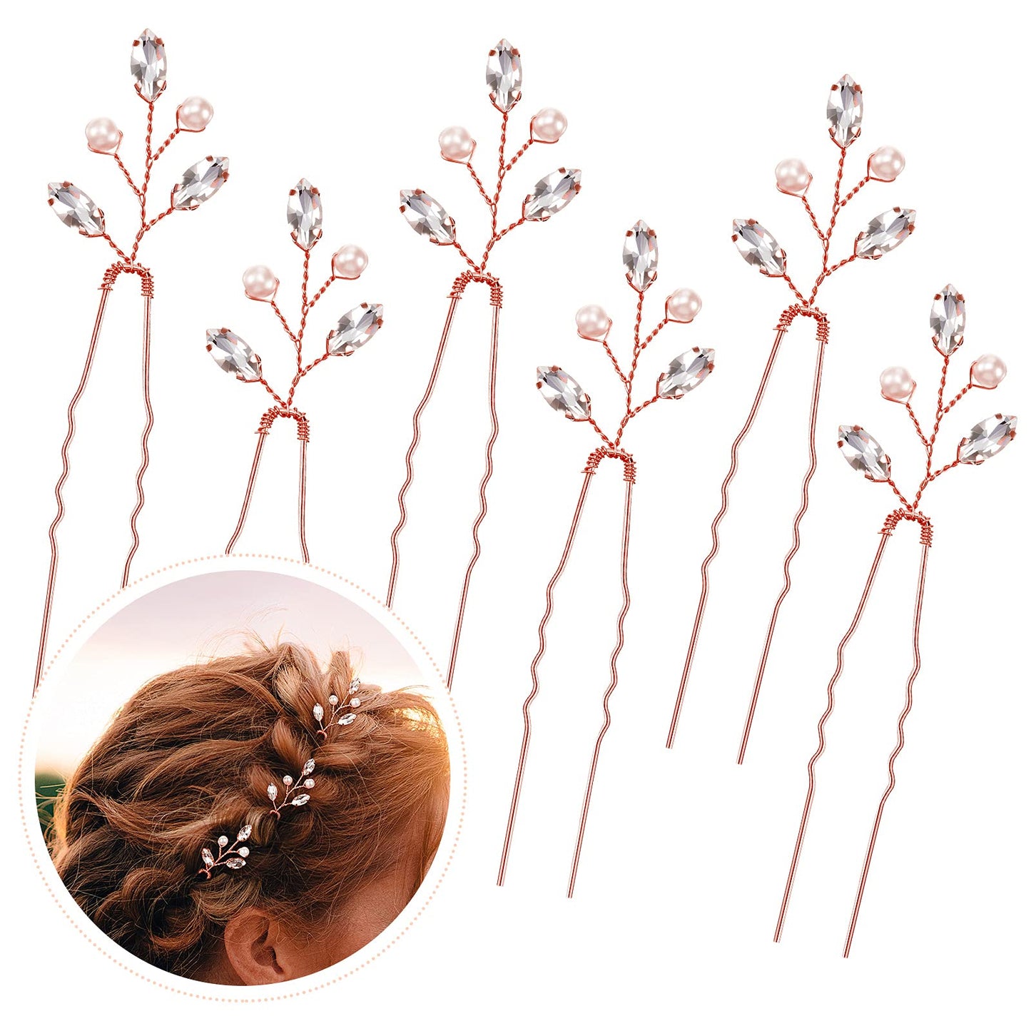 Syhood 6 Pieces Pearl Crystal Bridal Hair Pins Rhinestone Flower Wedding Hair Pins Prom Accessory for Women Wedding Hairstyles(Rose Gold)