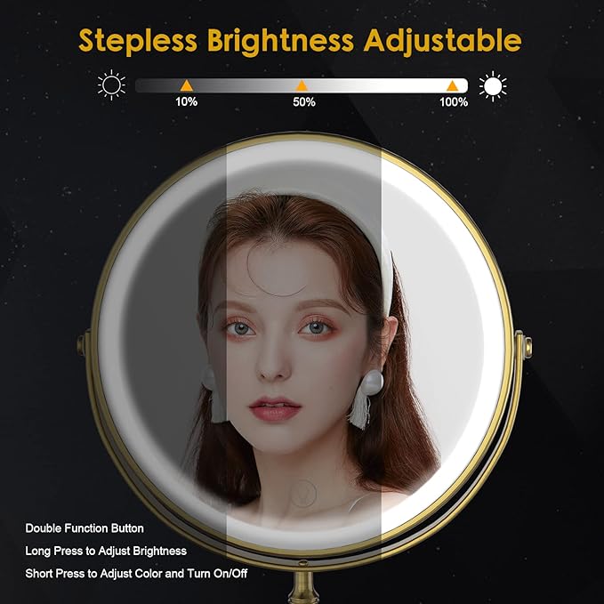 Lighted Makeup Mirror, 3000 mAh Rechargeable Double Sided Magnifying Vanity Mirror with 3 Colors, 1x/10x, 360° Rotation , Brightness Adjustable Magnification Cosmetic Light up Mirror, Women Gift