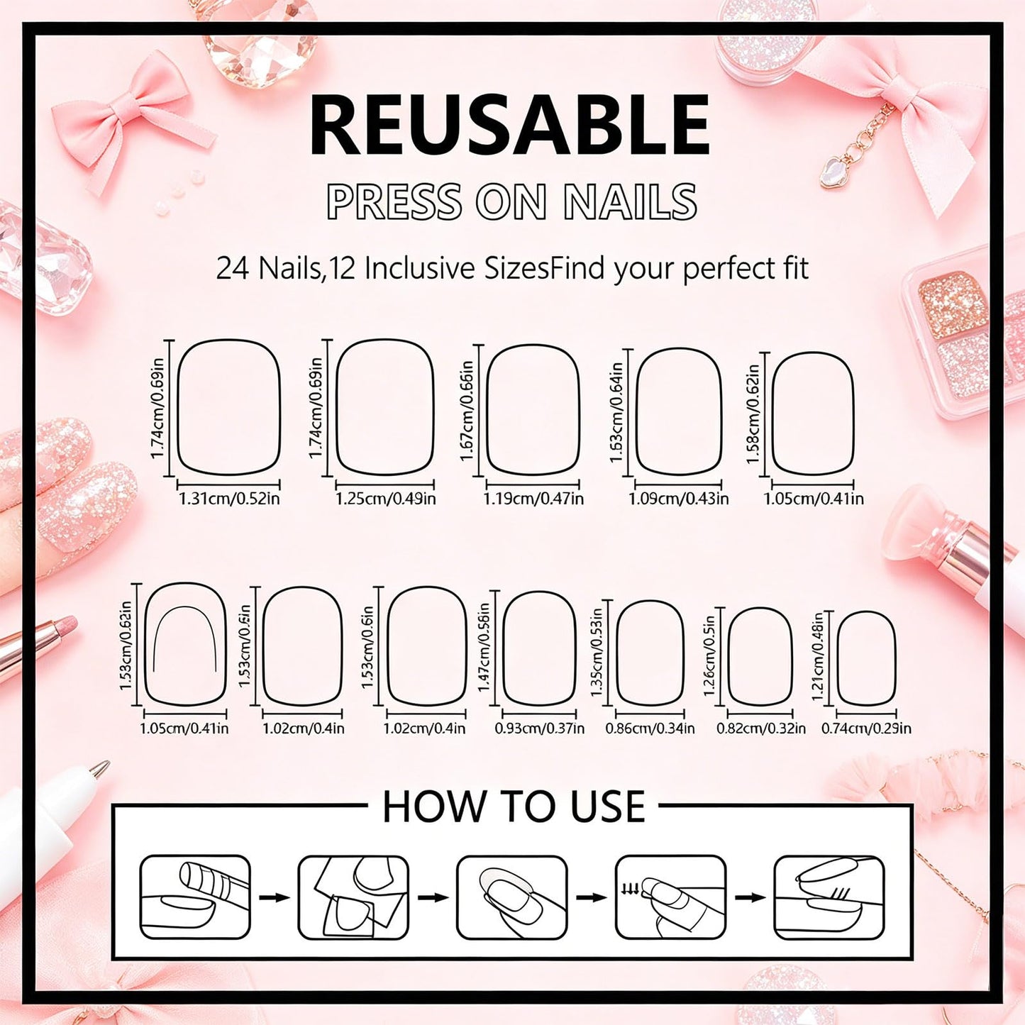 White French Tip Press On Nails Short Square Fake Nails Press ons Nude Glossy False Nails Reusable Acrylic Stick On Nails for Women Daily Home Office, 24 Manicure Kit with Adhesive Tabs